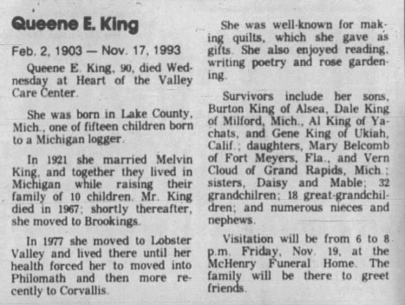 Obituary Queene E King Corvallis Gazette-Times ~ Corvallis, Oregon